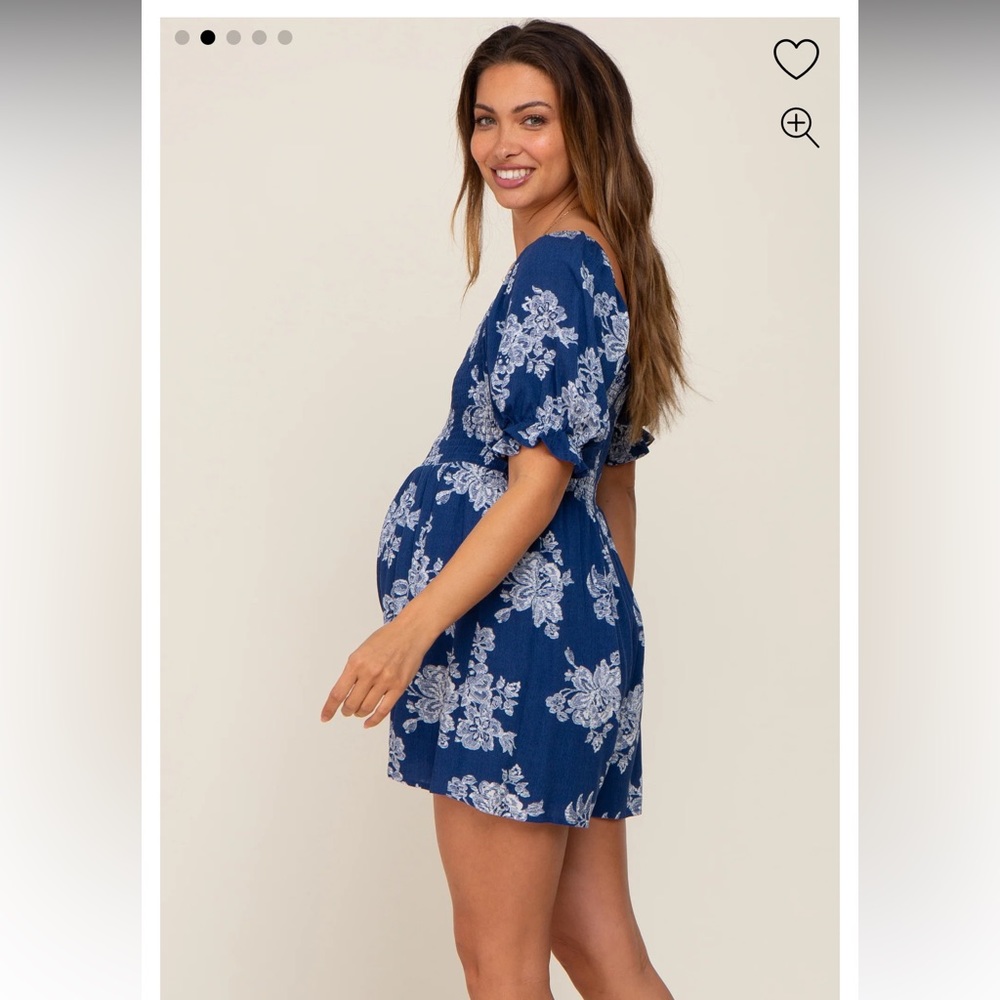 Pinkblush Navy Floral Smocked Puff Sleeve Maternity Romper